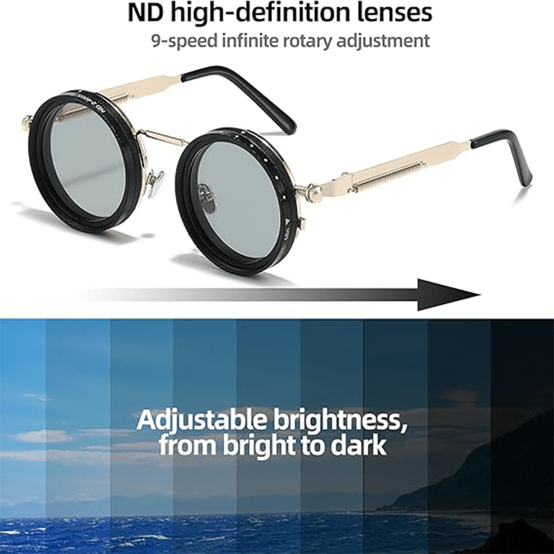 Steampunk Rotating Lens Glasses - Adjustable ND Mechanical Style Frame for Men Women, Cyberpunk Retro Sunglasses with Variable Brightness Lenses for Driving Outdoor, Unisex Fashion Eyewear
