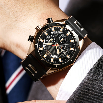Chronograph Watch for Men - Large Dial Quartz Wristwatch with Day Date Month Display, 24H Analog, Leather Strap & Gold Buckle, Multi-Function Business Sport Dress Watch in Blue Silver Gold