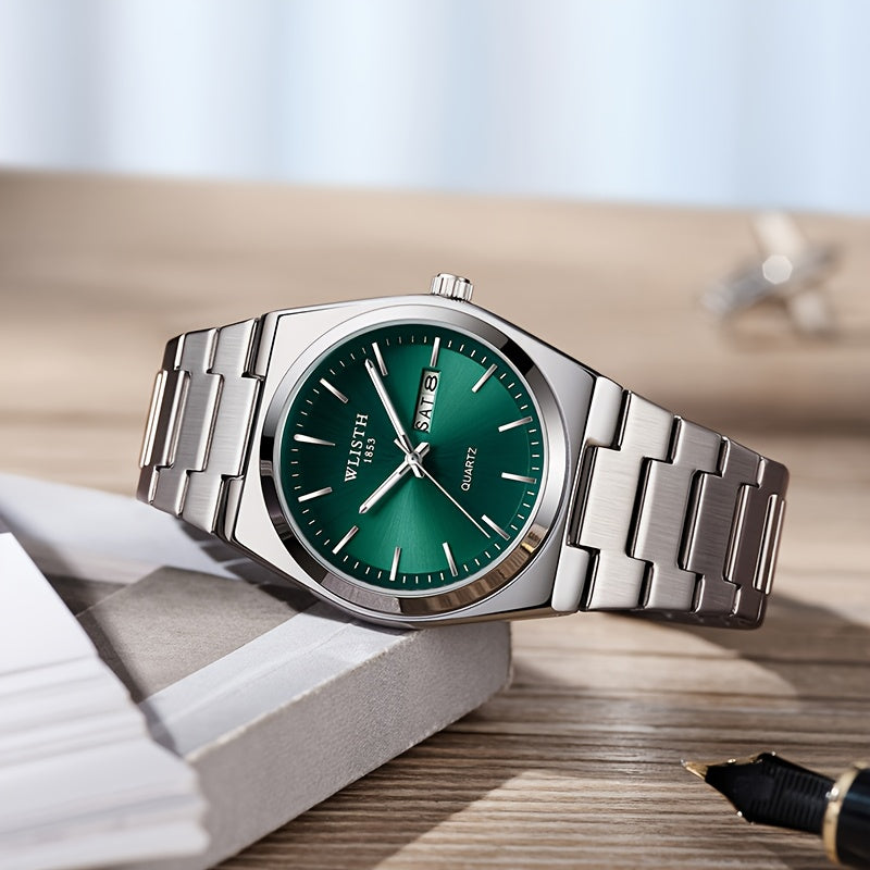 Men's Quartz Watch Stainless Steel Luminous Hands Date Display Sport Business Wristwatch for Men Gold Black Green Silver 4 Colors