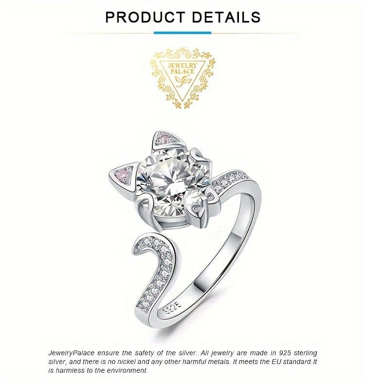 Adjustable 925 Sterling Silver Love Cat Ring with 3ct Round Cut Zirconia, Perfect for Prom, Party, Banquet, and Dating Gift - Elegant Fine Jewelry, Elegant Style, Cute Style, Animal Theme