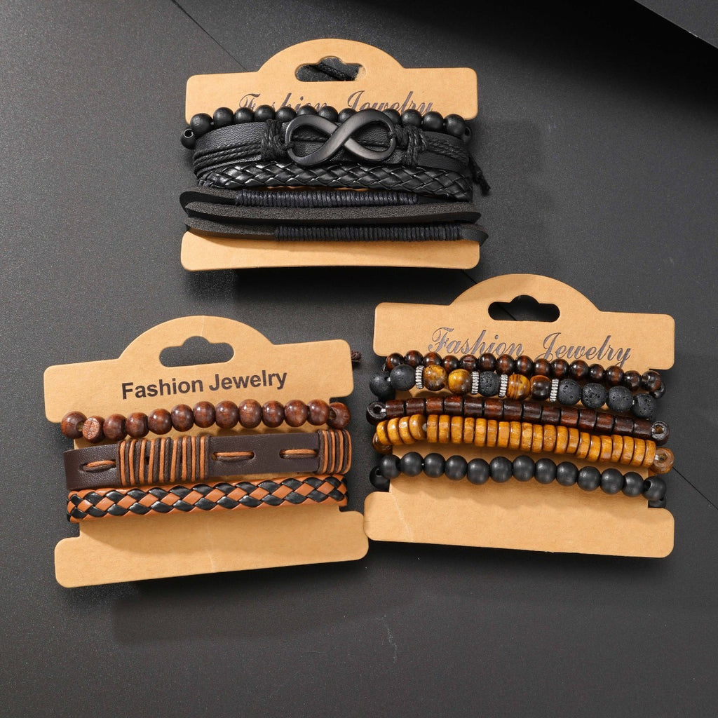 12pcs Vintage Men's Bracelet Set Woven Leather Tiger Eye Stone and Moonstone Beads Synthetic Fiber Rope Suitable for Casual and Party Wear Fashionable Jewelry