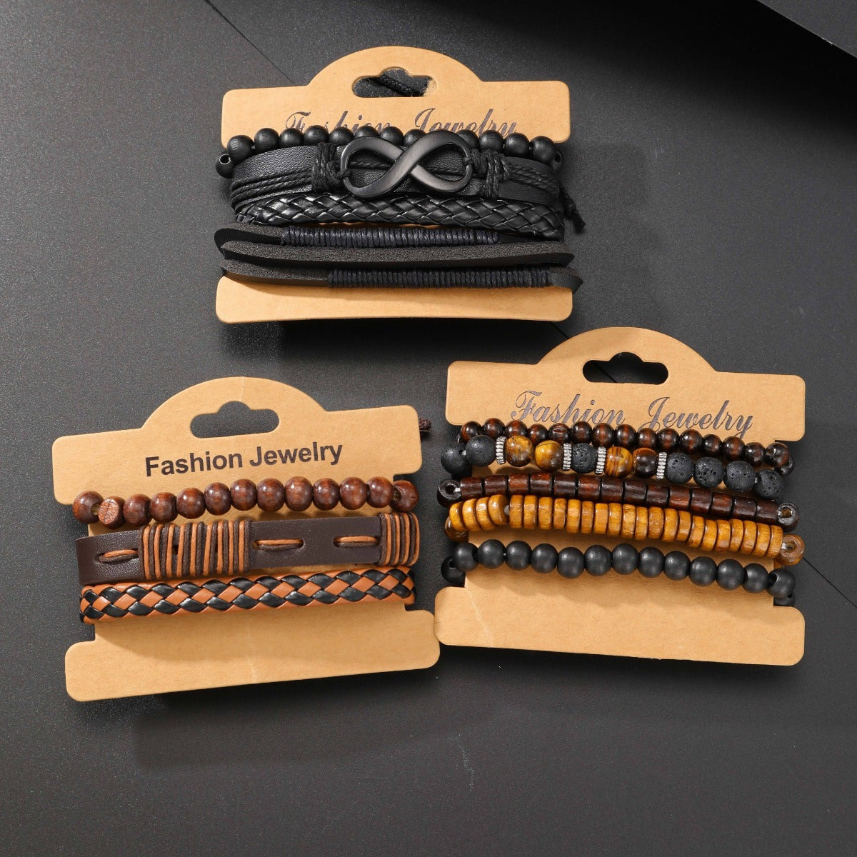 Men's Bracelet Set 12pcs – Tiger Eye Stone, Moonstone Beads & Woven Leather Rope, Vintage Stackable Bracelets for Casual & Party Wear, Fashionable Gift