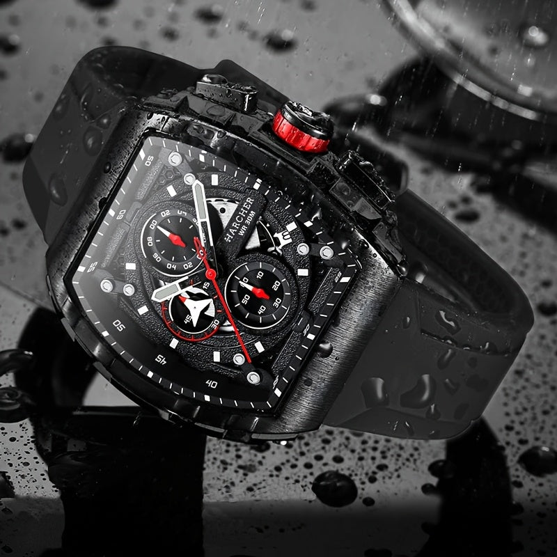 Chronograph Watch for Men Luxury Tonneau Sport Quartz Wristwatch Luminous Waterproof Racing Silicone Band 3ATM Multi-Function Fashion Watch