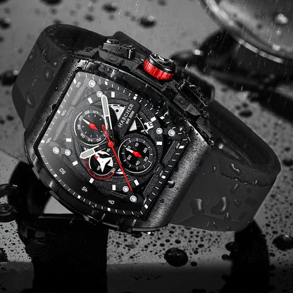 Chronograph Watch for Men Luxury Tonneau Sport Quartz Wristwatch Luminous Waterproof Racing Silicone Band 3ATM Multi-Function Fashion Watch
