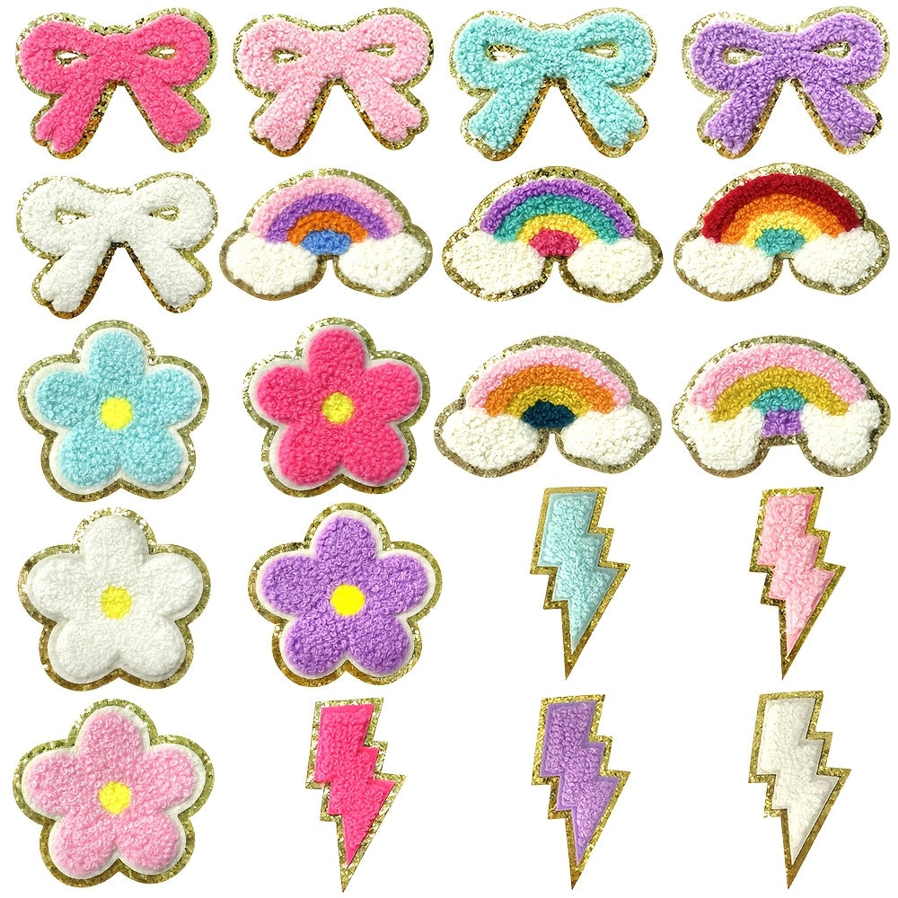 20pcs Glitter Self-adhesive Rainbow, Flower Plush Garment Embroidery Patches Blurred Letters Golden Decoration College Style Clothing Badge Appliques (Pastel Tones, Simple)
