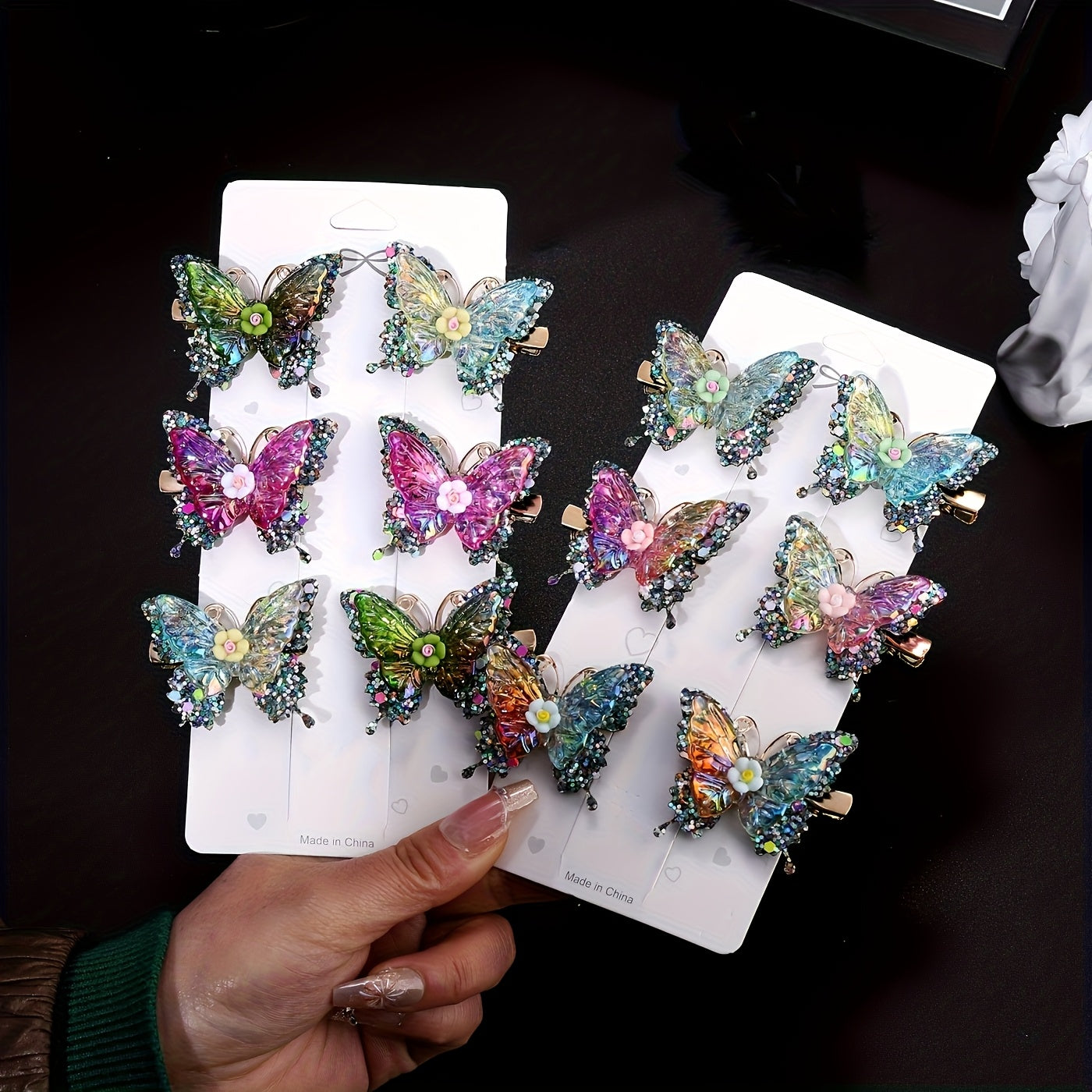 12pcs/set New Luxury Shiny Sequin Double-layer Butterfly Clip, Women'S Fashionable Double-layer Acrylic Butterfly Hair Clip, Suitable For Daily And Holiday Party Wear, Women'S Y2k Headwear Hair Accessories