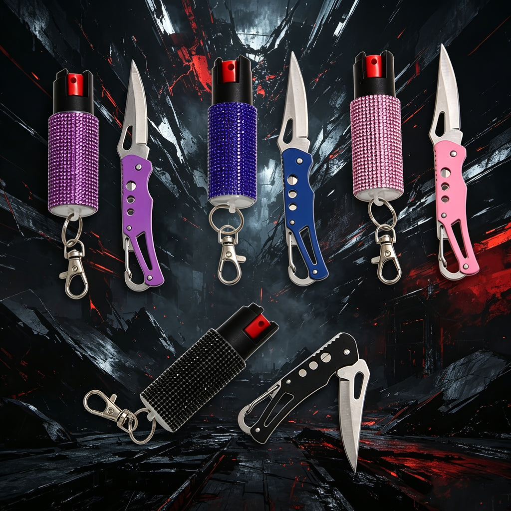 Unisex Safety Keychain Set Including Spray And Mini Pocket Knife, Ideal As Holiday Gifts And Easy for Daily Carry