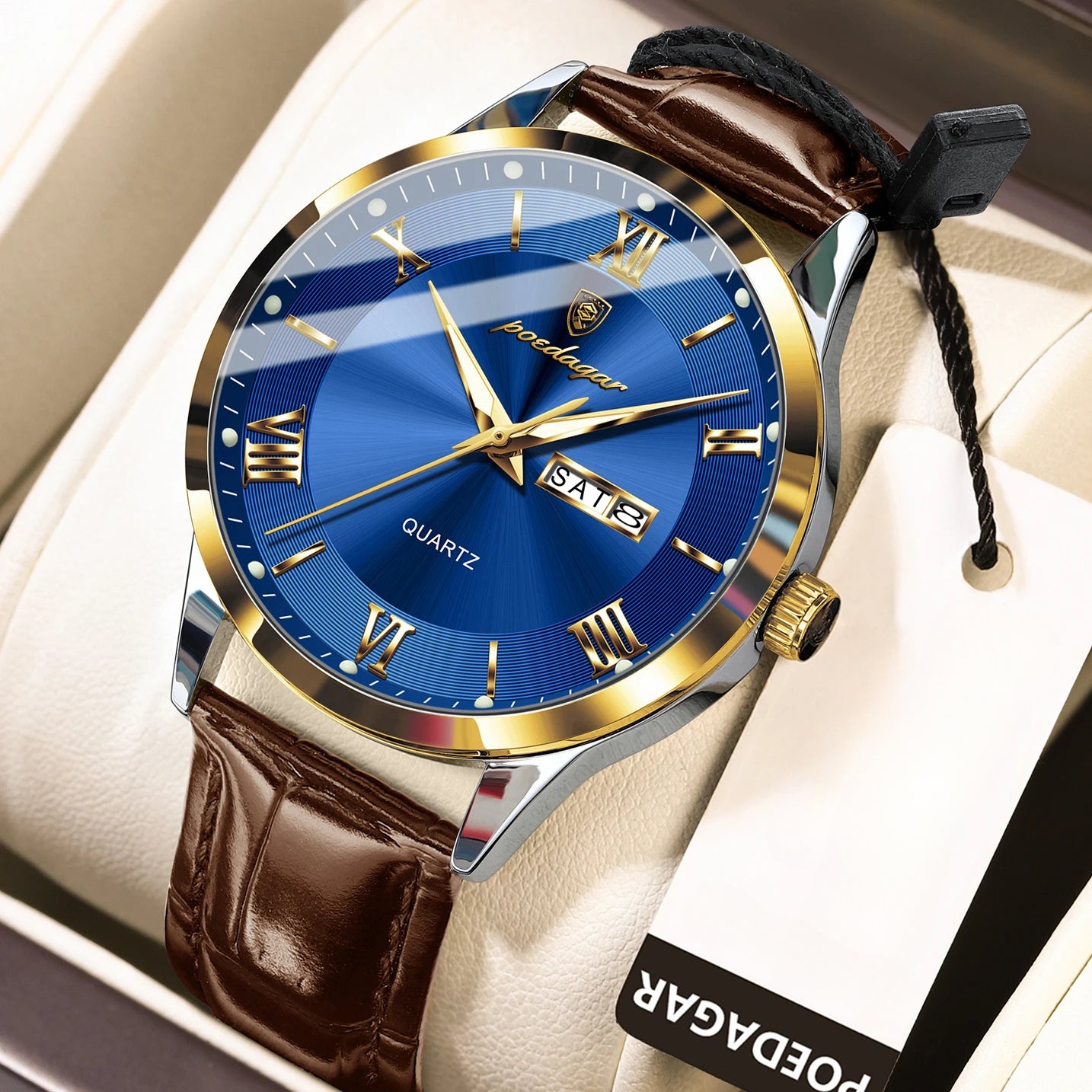[Men's Casual Watch] POEDAGAR 978P Men's Fashion Casual Watch, 3ATM Waterproof with Date Function, Round Dial, PU Leather Band