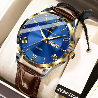 POEDAGAR 978P Men's Watch 3ATM Waterproof Date Display PU Leather Band – Fashion Casual Round Dial Quartz Wristwatch for Men, Multiple Colors
