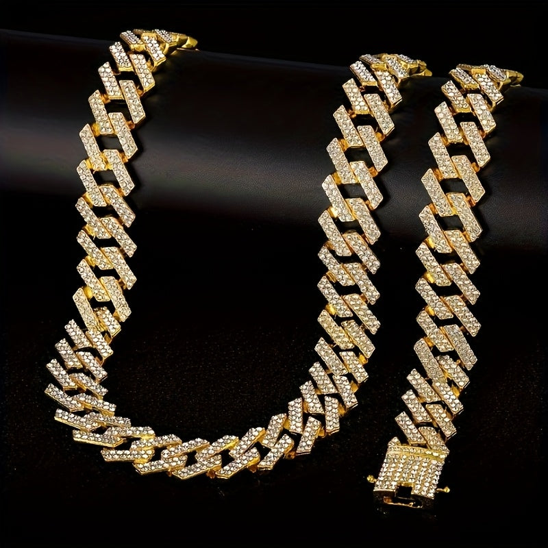 2pcs Shiny Cuban Link Chain Jewelry Set for Men Luxury Fashion Bling Miami Hip Hop Cuban Link Chain Necklace and Bracelet Set Suitable for Birthday Gift Anniversary Gift