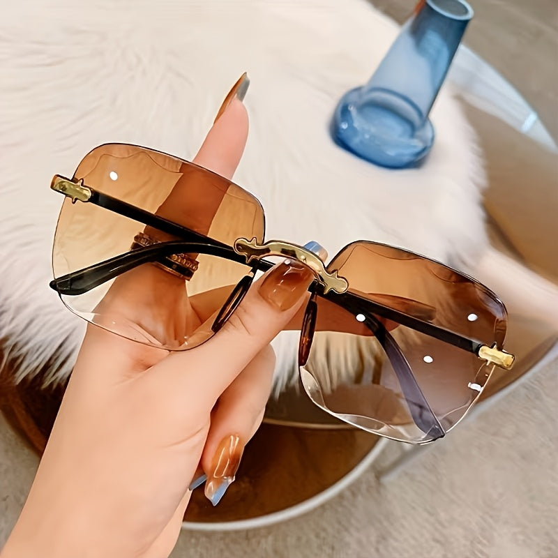Rimless Square Sunglasses for Women 3 Pack - Trendy Frameless Tinted Glass Lenses Lightweight Durable PC Frame Black Purple Brown for Shopping Photography Travel Daily Wear