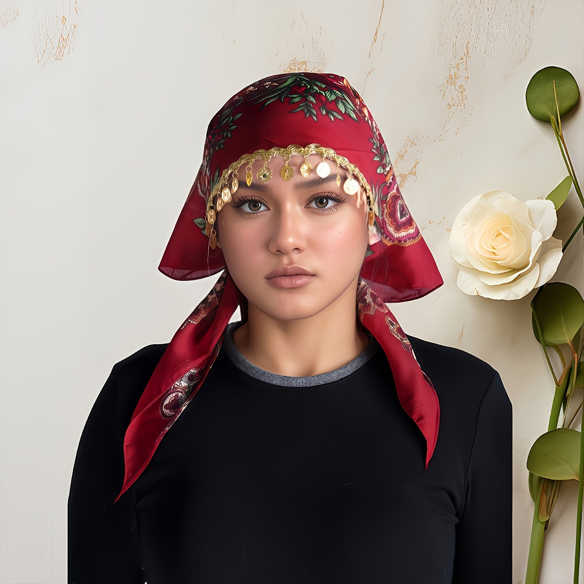 Elegant Golden Chain Headscarf - Breathable Lightweight 100% Polyester Shawl with Intricate Floral Print, Adjustable Closure for Ramadan & Special Occasions, Multi-Color Traditional Headgear