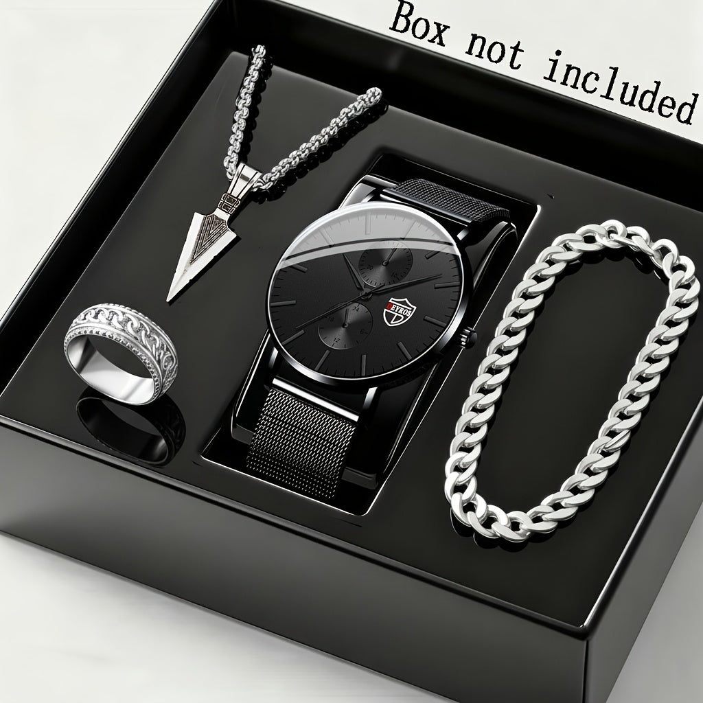 Men's Quartz Watch & Bracelet Set | 4-Piece Elegant Gift Set with Alloy Case, Round Dial – Sports, Casual & Business Style in Silver, Rose Gold & Black