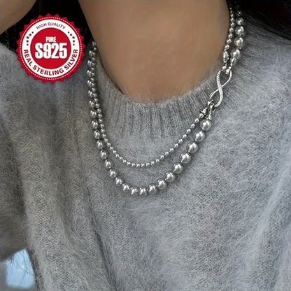 Double Layer Pearl Necklace S925 Sterling Silver - Imitation Pearl Chain with Detachable Buckle, Hypoallergenic Luxury Necklace for Women, Perfect Mother's Day & Special Occasion Gift