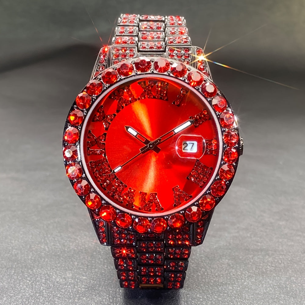 MISSFOX Luxury Rhinestone Couples' Watch - Ice Blue & Red, Quartz Movement with Calendar Feature, Luminous Display for Men and Women - Perfect Party Gift, Ice Blue Rhinestone, Unique, Fashion