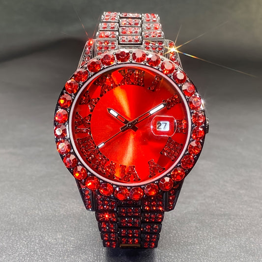 MISSFOX Luxury Rhinestone Couples' Watch - Ice Blue & Red, Quartz Movement with Calendar Feature, Luminous Display for Men and Women - Perfect Party Gift, Ice Blue Rhinestone, Unique, Fashion