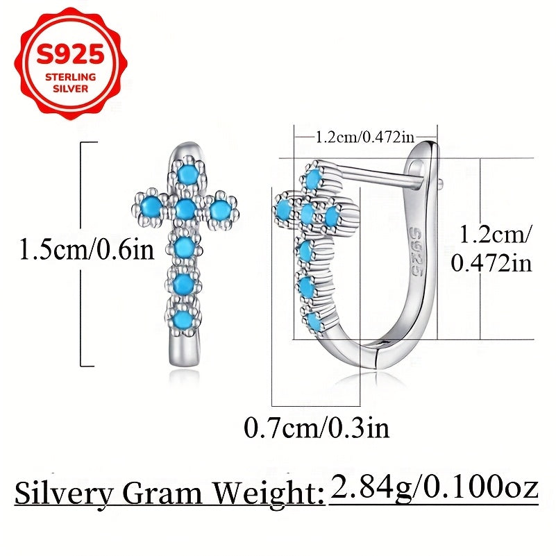 A Pair of New Blue Synthetic Turquoise Cross Earrings for Women, Low Allergenic, Made of 925 Sterling Silver, Featuring High-Quality Synthetic Inlay, Simple And Vintage Style, Trendy And Versatile Ear Accessories