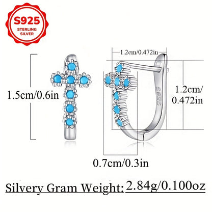 Turquoise Cross Earrings 925 Sterling Silver Blue Synthetic Turquoise Inlay Hypoallergenic Vintage Style Women Ear Accessories