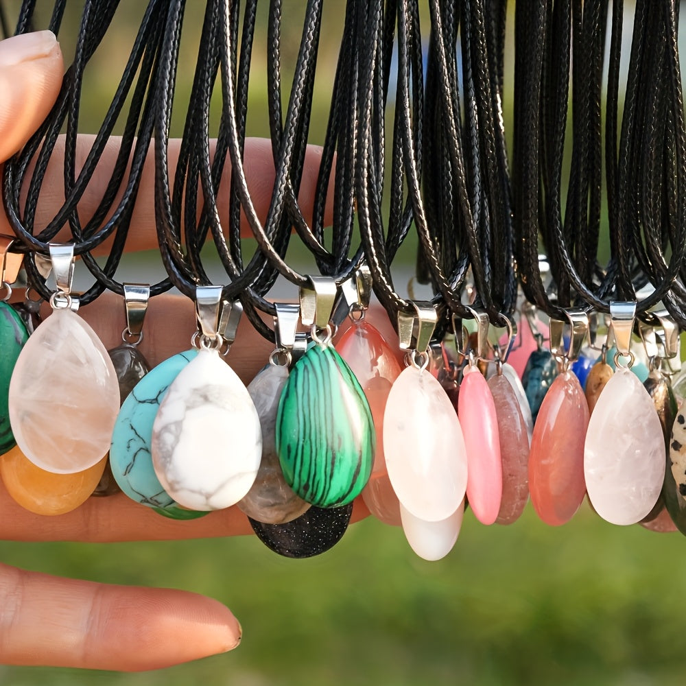 40pcs Of Natural Crystal Multi-color Teardrop-shaped Stone Pendants, with Faux Leather Cord Sets, Fashionable And Elegant Necklaces, Perfect As Accessory Gifts for Holiday Parties.