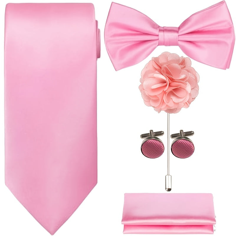 Set of 5 Ties in a Box, Featuring a Solid Color Necktie, Satin Bow Tie, Pocket Square, Lapel Pin, And Cuff Links for Weddings, Formal Gatherings, And Business Events - High-Quality, Versatile, And Fashionable Additions