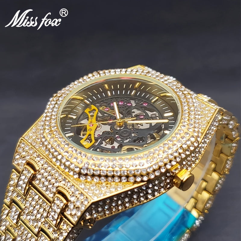 Miss Fox Men's Luxury Iced-Out Automatic Mechanical Watch - Hip Hop Style, Steel Large Dial, Full Accents, Transparent Back, Black Strap, Glow-in-the-Dark, Party Fashion Accessory, for women