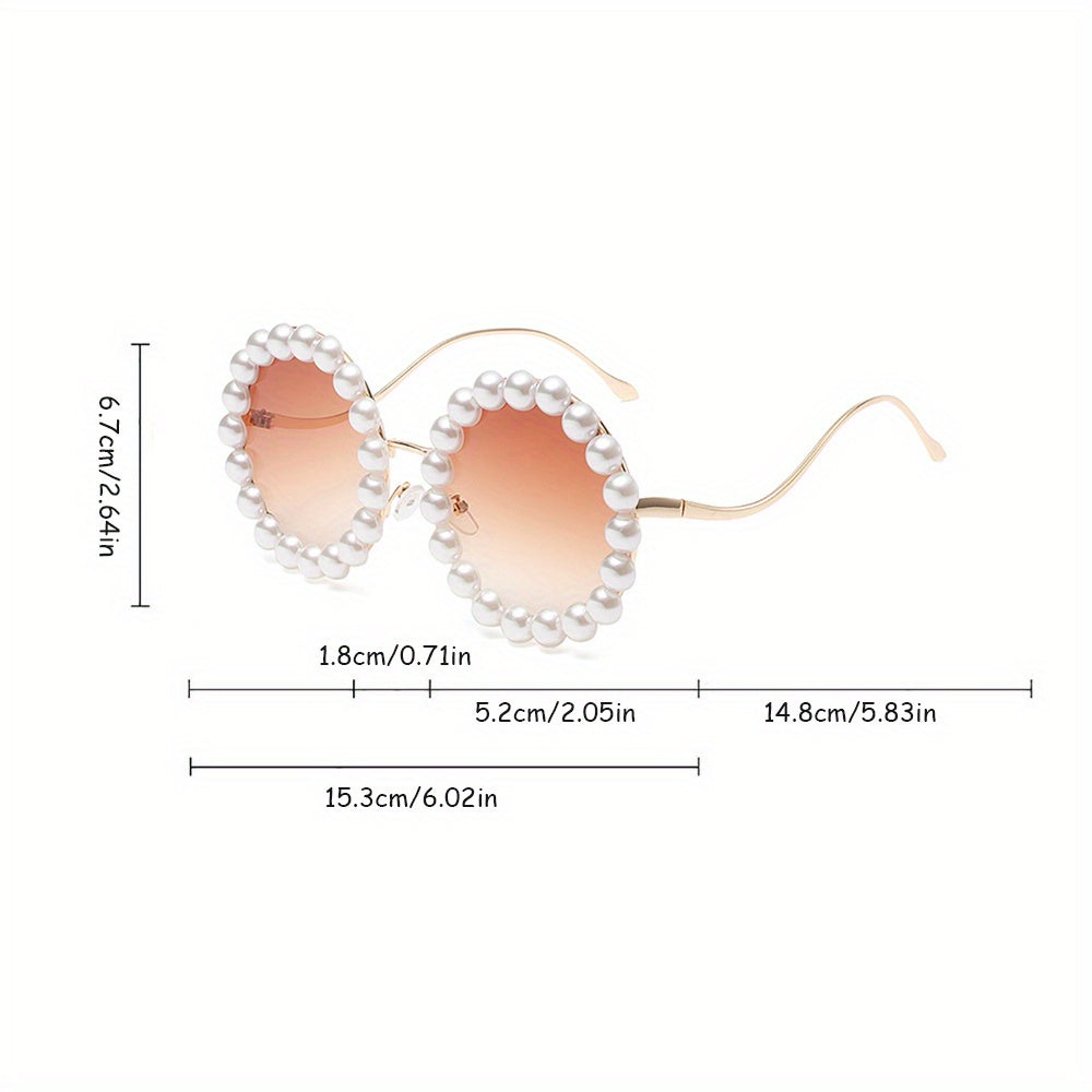 1pc New Round Frame Ladies Full Frame Pearl Glasses Design Sense Wave Shape Temple Fashion Golden Style Photo Gift Glasses Perfect for Summer Festival, Party Holiday Gift, Birthday Gift