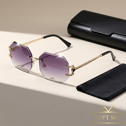 Oversized Sunglasses Women Gradient Polygonal Rimless Metal Frame Large Lens Fashion Shades for Beach Party Vacation Travel Trendy Eyewear Gradient Grey