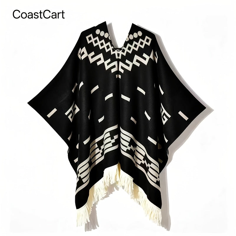 Men's Vintage-Style Warm Poncho - Geometric Pattern, Tassel Detail, Cozy Acrylic Shawl for Outdoor Adventures