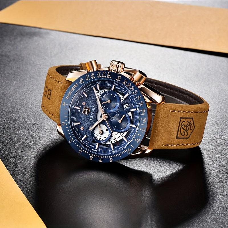 BENYAR Watch Men Luminous Chronograph Analog Quartz Big Face Business Sport Casual Fashion Dress Wristwatch Elegant Gift for Men Golden Silver Blue Black