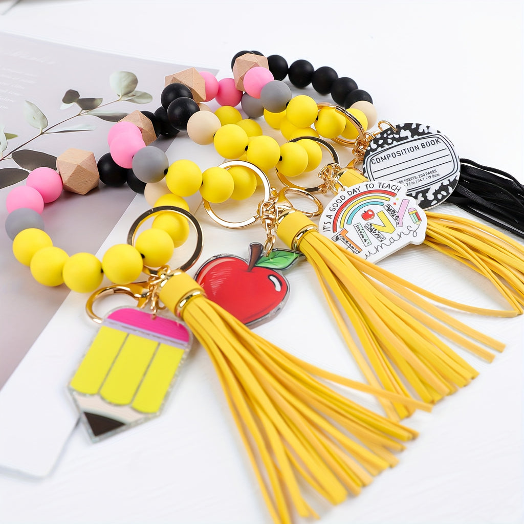 4pcs/set TEACH Pencil Apple Notebook Pendant Handmade Beaded Wrist Keychain Anti Lost Car Keychain Bag Decoration Pendant Hanging Decoration Teacher'S Day Gift Graduation Season Back to School Season Gift, Keychain Accessory, Decorative Charm