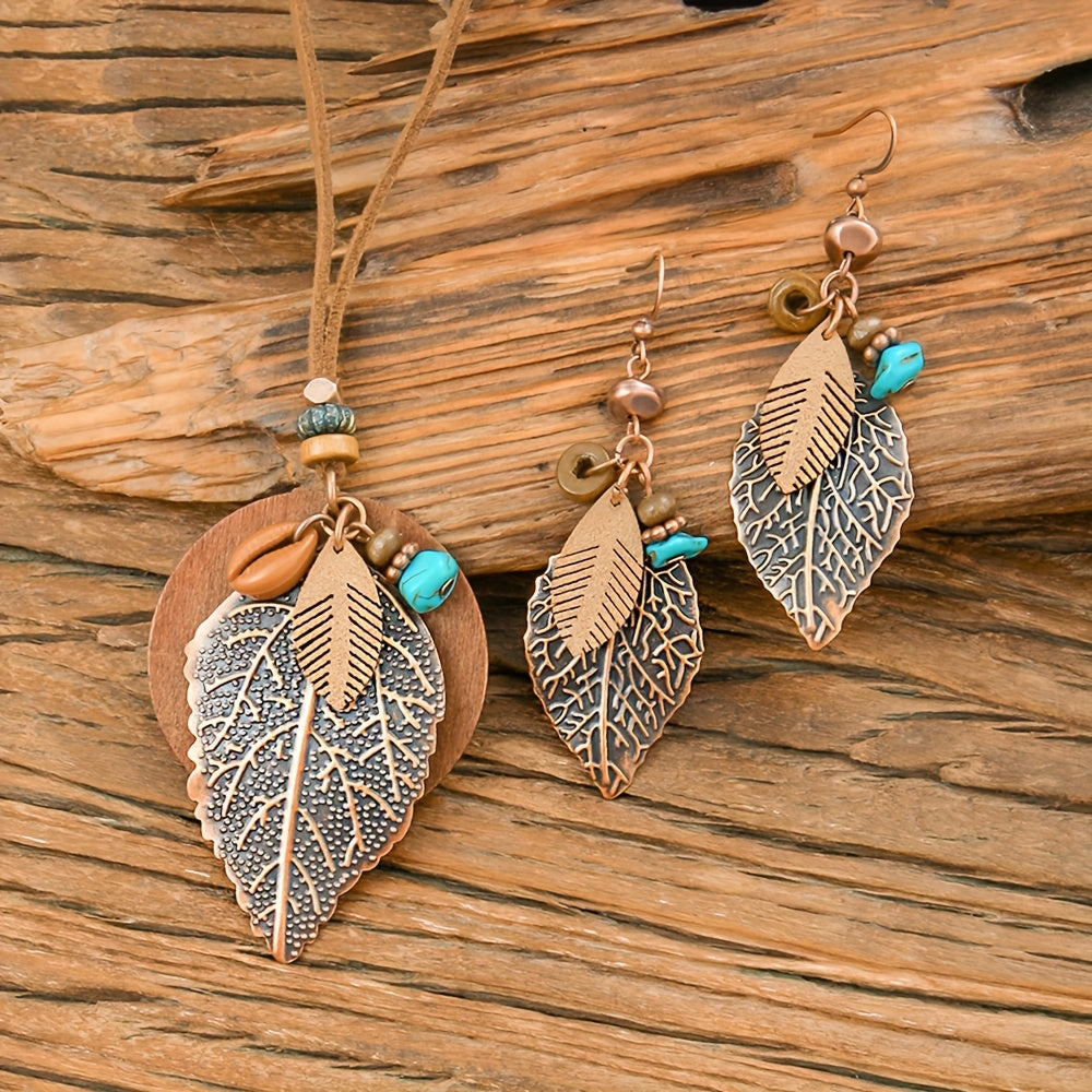 3pcs Bohemian Leaf Pendant Necklace And Earrings Set, Vintage Style Jewelry For Women, Versatile For Daily Wear And Vacation, All-Season Accessory