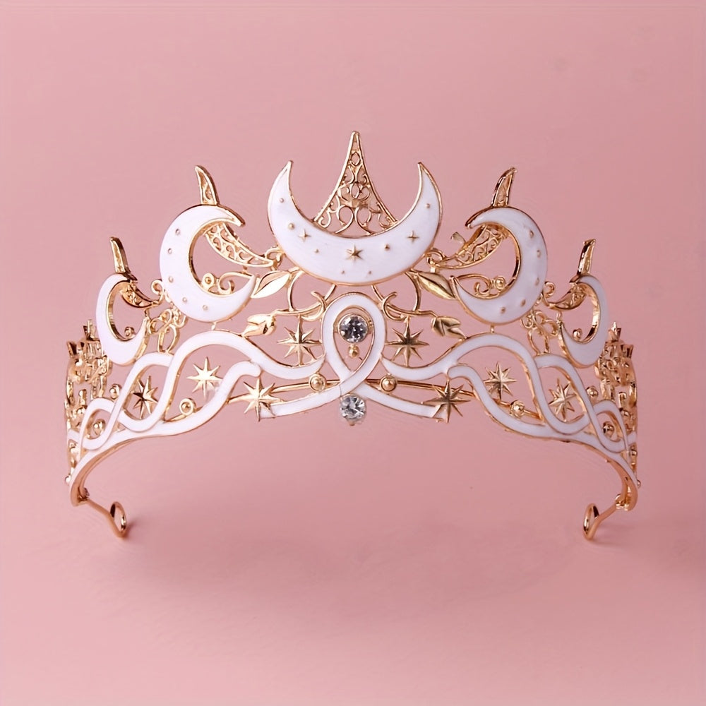 Crown Featuring a Gothic Black Crescent Moon Design for Both Men And Women, Adorned with Stars. This Dark Aesthetic Tiara Is Perfect for Witch, Pagan, Or Wiccan Themes, Ideal for Halloween Cosplay, Costume Parties, Stage Performances, Weddings