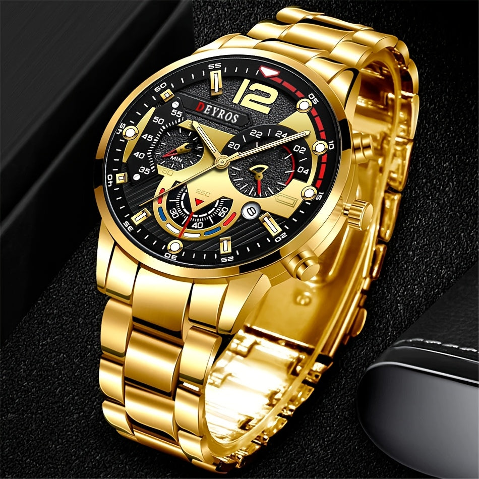 Men's Analog Quartz Watch Set 3pcs – Wristwatch, Matching Necklace & Bracelet Combo for Daily Wear, Elegant Fashion Accessory Gift for Him