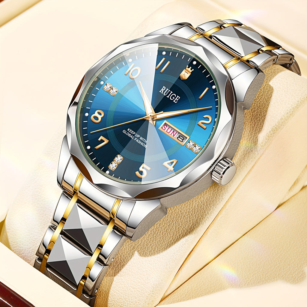 RUIGE Men'S Fashion Trend Quartz Watch | Night Light Dual Calendar, Diamond Shaped Watch Mirror, Stainless Steel Case, Alloy Strap, Business Leisure, Ideal Gift for Father'S Day