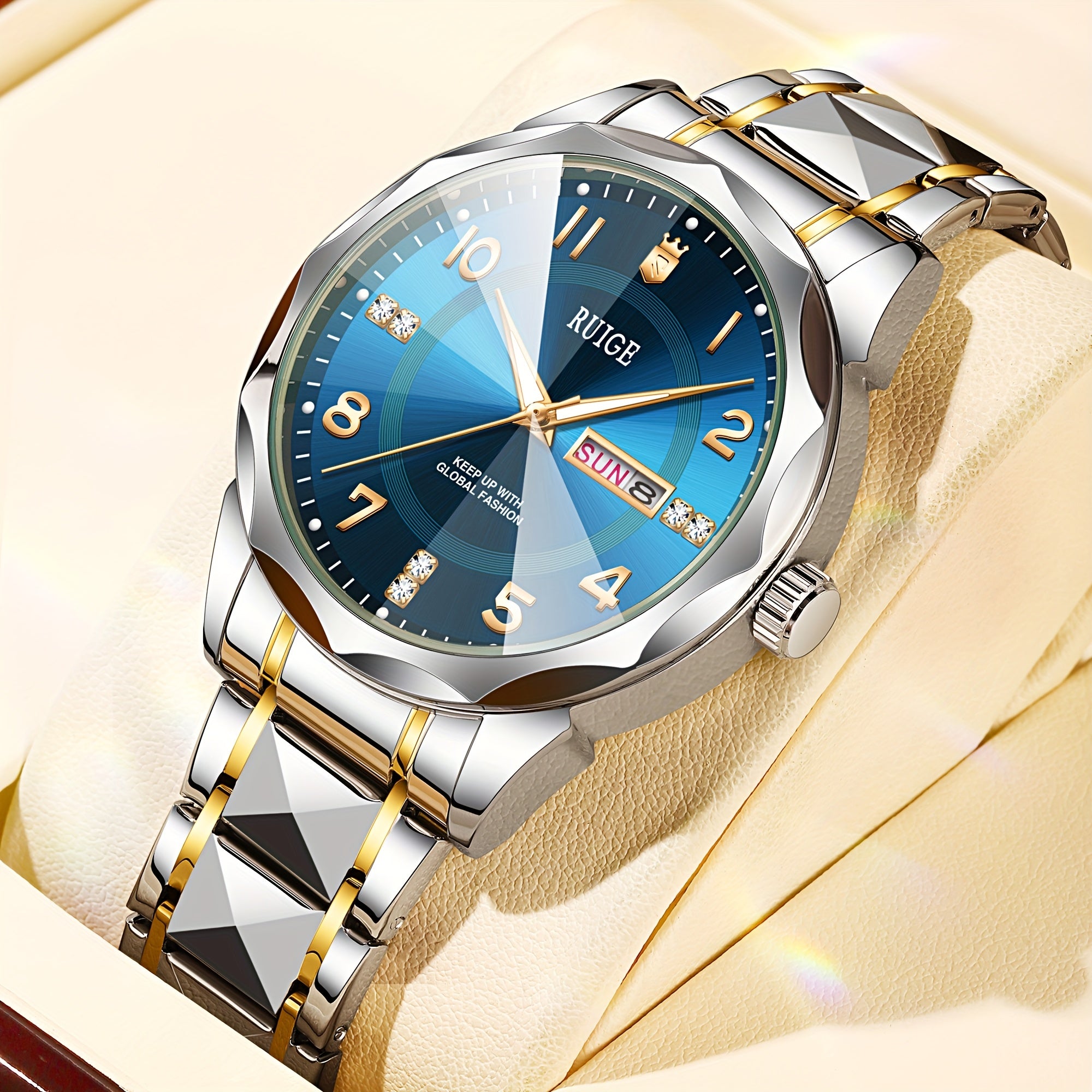 RUIGE Men'S Fashion Trend Quartz Watch | Night Light Dual Calendar, Diamond Shaped Watch Mirror, Stainless Steel Case, Alloy Strap, Business Leisure, Ideal Gift for Father'S Day