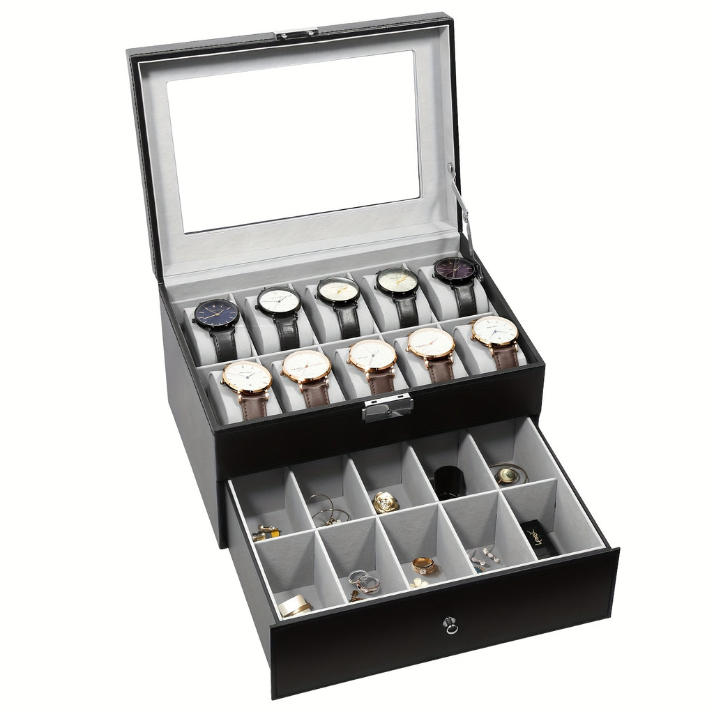 20-grid Double-layer Watch Box, Brown, Black, Gray Pillows, Solid Glass Cover, Suitable for Collection And Display, Protect Your Watches.