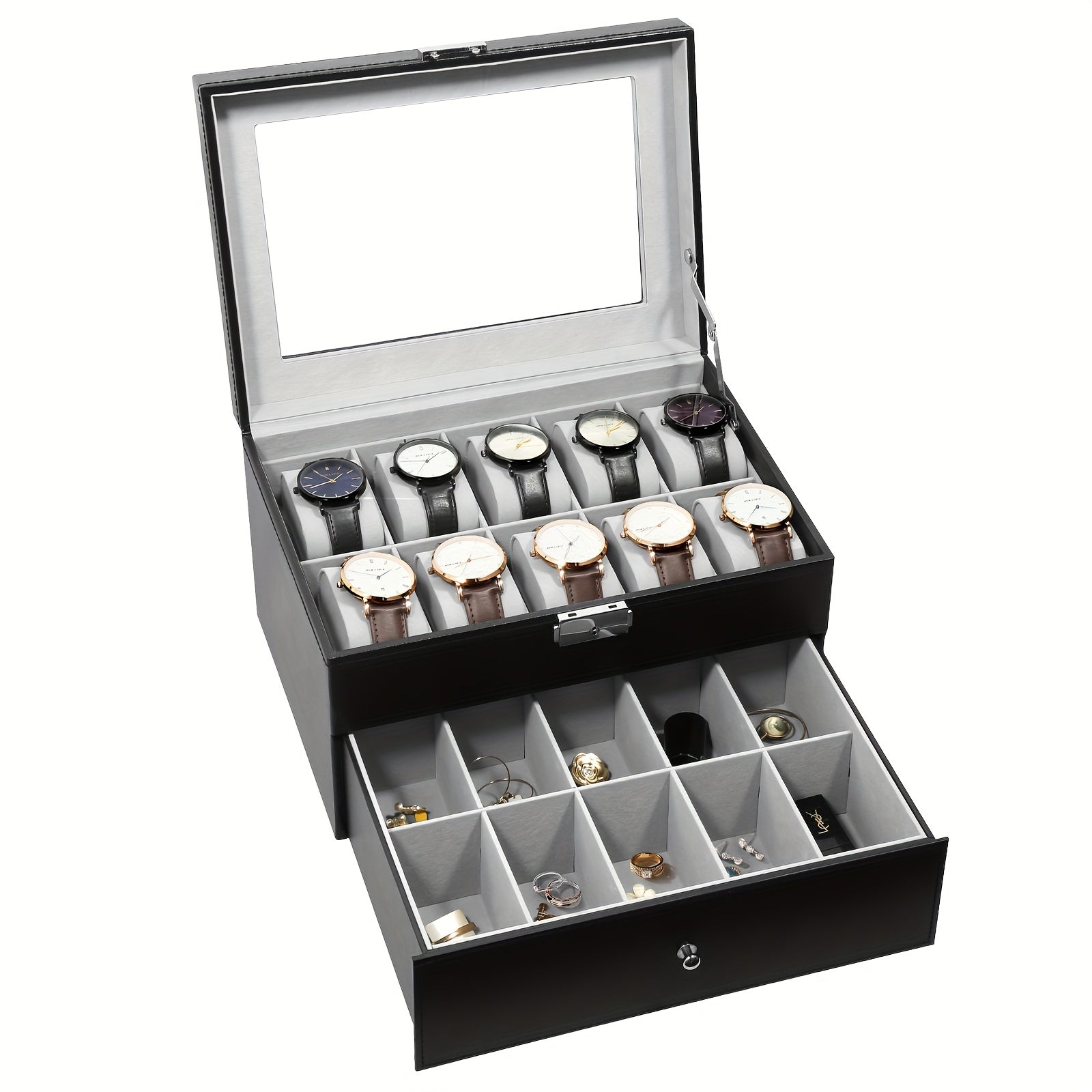 20-grid Double-layer Watch Box, Brown, Black, Gray Pillows, Solid Glass Cover, Suitable for Collection And Display, Protect Your Watches.