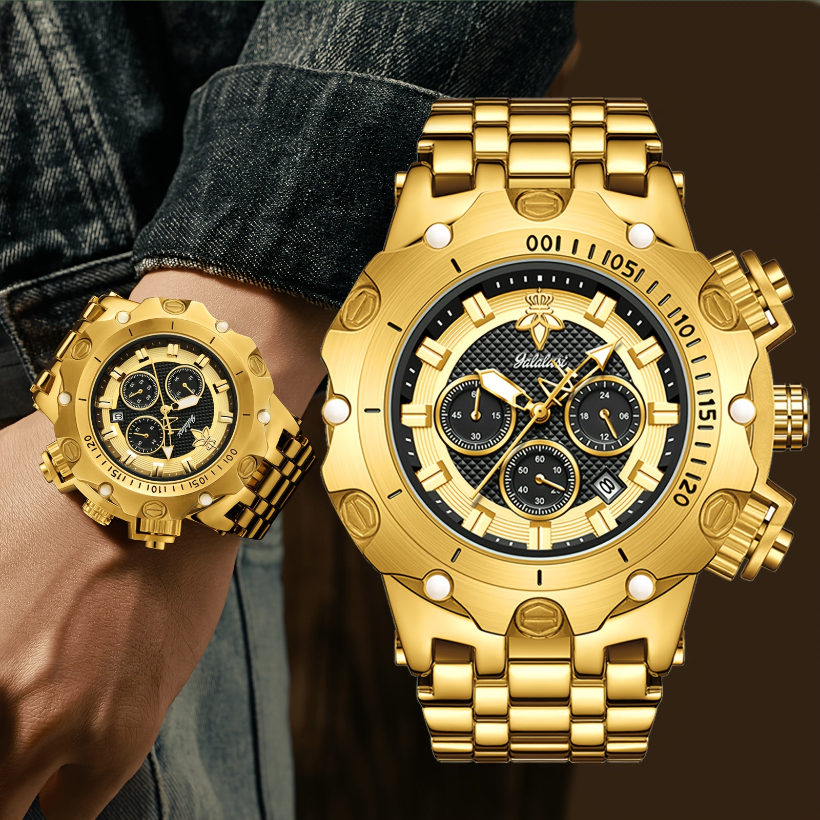 YaLaLuSi Brand 1pc Men's Multifunctional Luxury Quartz Watch Golden Strap with Atmospheric Dial Bully Color Scheme Eye-catching Eye-catching Chronograph Sub-Dial Practical Gift Box Strap Remover for Men Loved Ones Father Gift