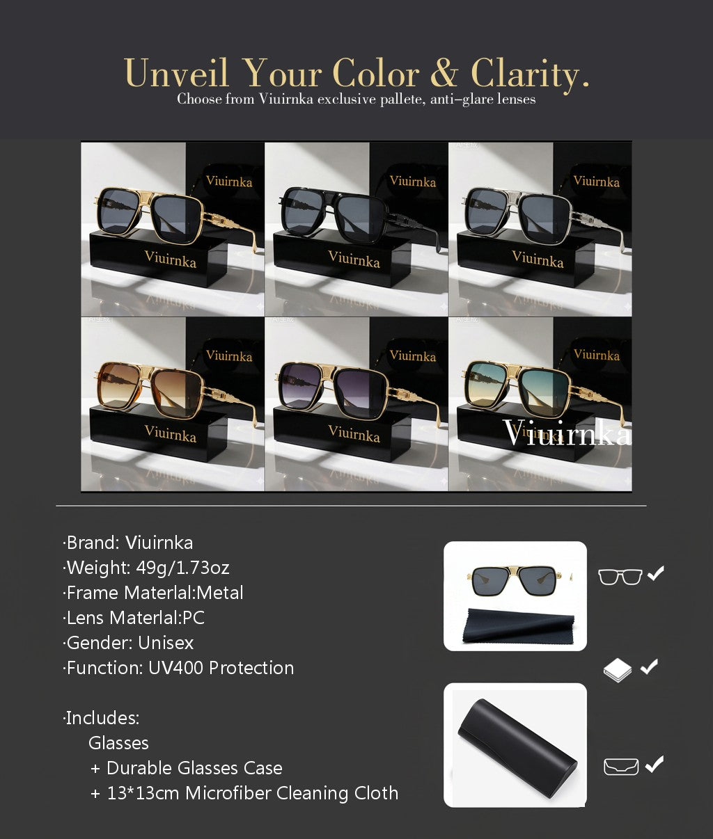 Viuirnka Classic Square Sunglasses for Men Unisex Retro UV Protection Metallic Frame Lightweight Eyewear with Sunglasses Case And Cleaning Cloth for Daily Wear And Outdoor Activities