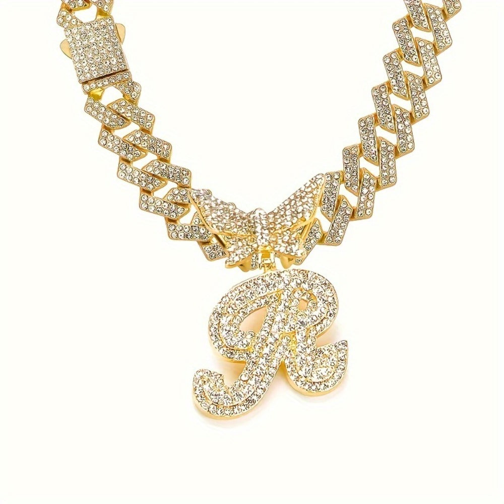 Cuban Link Chain Necklace - Initial Letter for Men Women - with Butterfly Alphabet Pendant A-Z, Gold & - product detail view