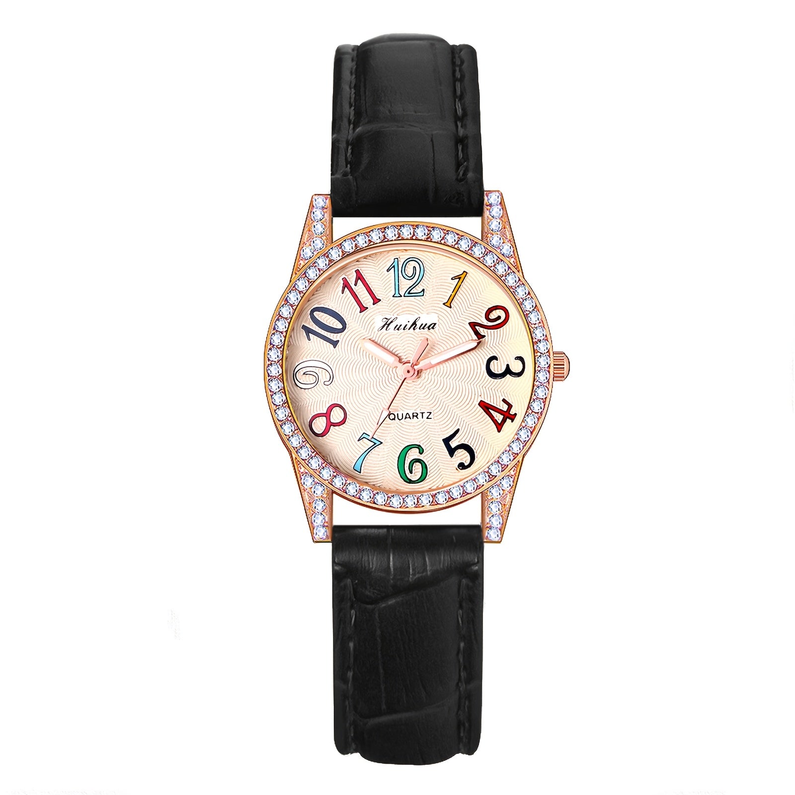 Women Colorful Arabic Numerals Rhinestone Dial PU Leather Band Watch Quartz Wristwatch Teens Christmas Gift