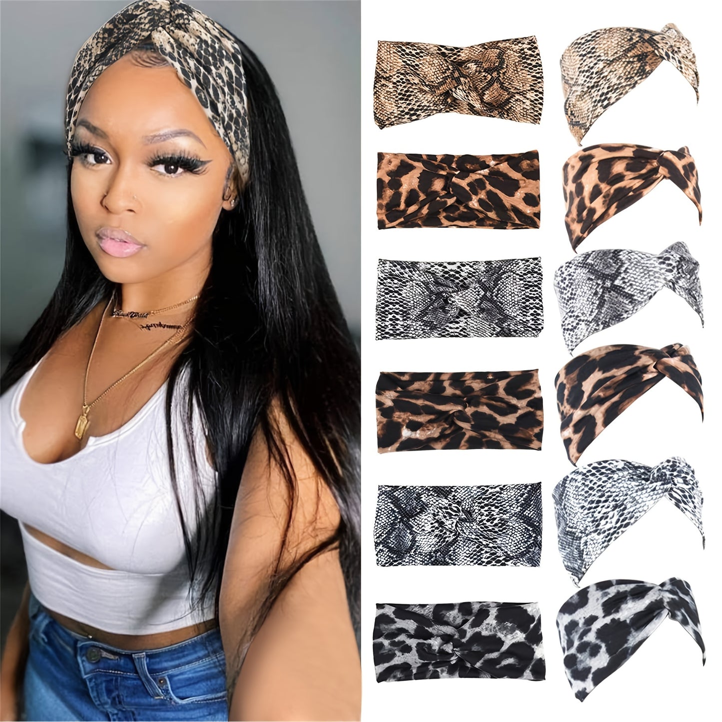Wide Headbands 6pcs Set Boho Leopard Print Elastic Twist Knotted Turban Style Bow Accent Polyester Hair Accessories for Women Various Shades Daily Wear