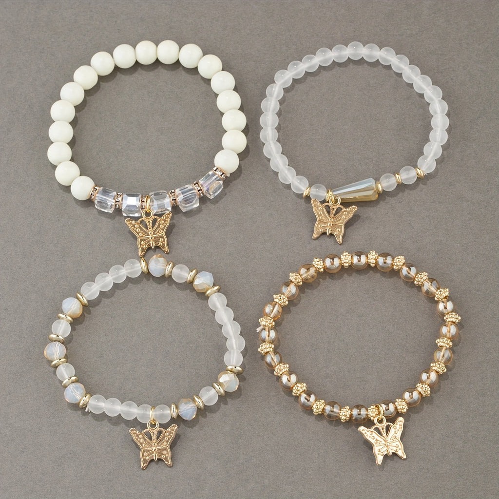 7 sets (a total of 28pcs) of multi-layer beaded stackable bracelet sets, artificial butterfly pendant jewelry sets, multi-layer beaded elastic bracelets, handmade jewelry sets -DIY beaded jewelry