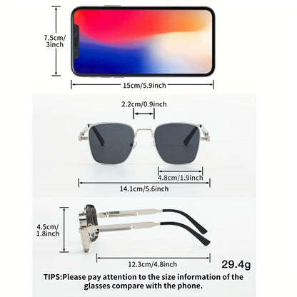 Steampunk Sunglasses Square Metal Frame - Retro Vintage UV400 Gradient Lenses for Men Women, Edgy Cool Streetwear Festival Sunglasses with Eyeglass Case & Cloth, Unique Gift Idea