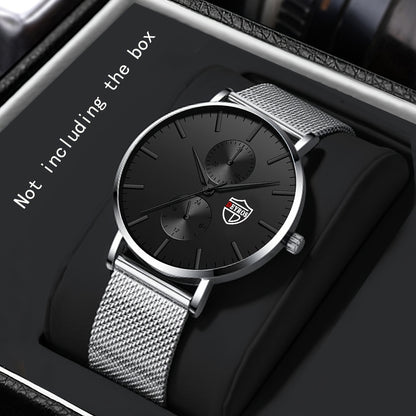 Men's Quartz Watch with Stainless Steel Mesh Band | Chronograph, Date & Day Display, Scratch-Resistant Glass, Minimalist Analog Wristwatch for Everyday & Formal Wear