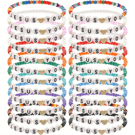 24pcs Bracelet Bulk Handmade Clay Beads Jesus Friendship Bracelet Christian Jesus Love You Jewelry Accessories Christmas Easter Gift