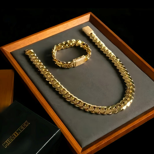 Two 12mm Trendy Bracelets And Necklaces Set, Hip-hop Jewelry, 18K Gold Plated-plated 316L Stainless Steel, Sturdy And Durable Men's Gift