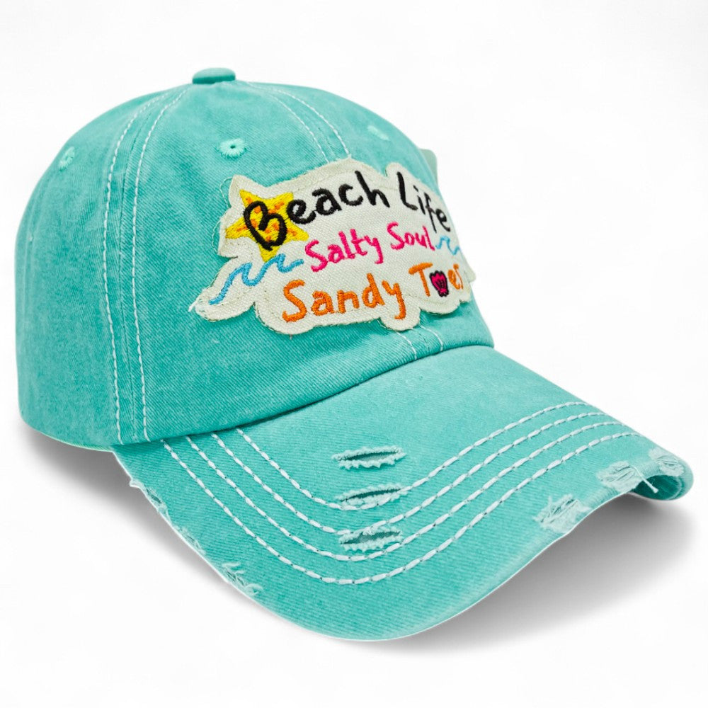 "Beach Life Salty Soul Sandy Toes" Baseball Cap-Local Artist Designed, Vintage, Distressed, Embroidered, 100% Cotton, UV Protection, Adjustable