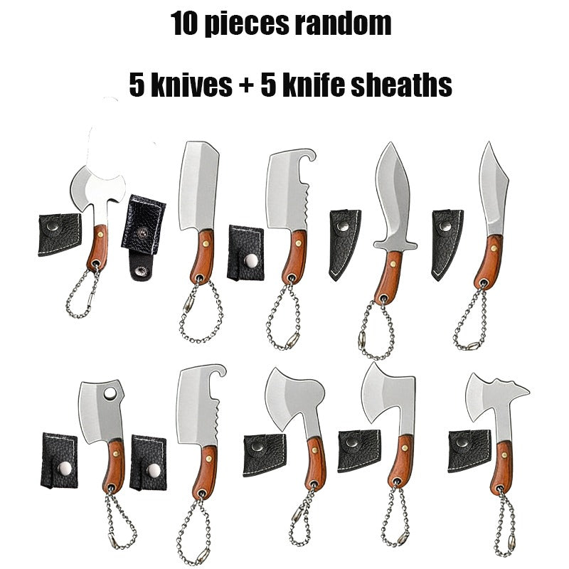 10pcs Random Premium Mini Knife Keychain Set (5 Knives And 5 Knife Sets), Damascus Pattern Pendant Blade, with Leather Cover, Stainless Steel, Non-Foldable, Straight Back, Flat Blade, Lightweight, Luxury Portable EDC Pocket Tool