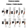 10pcs Random Premium Mini Knife Keychain Set (5 Knives And 5 Knife Sets), Damascus Pattern Pendant Blade, with Leather Cover, Stainless Steel, Non-Foldable, Straight Back, Flat Blade, Lightweight, Luxury Portable EDC Pocket Tool